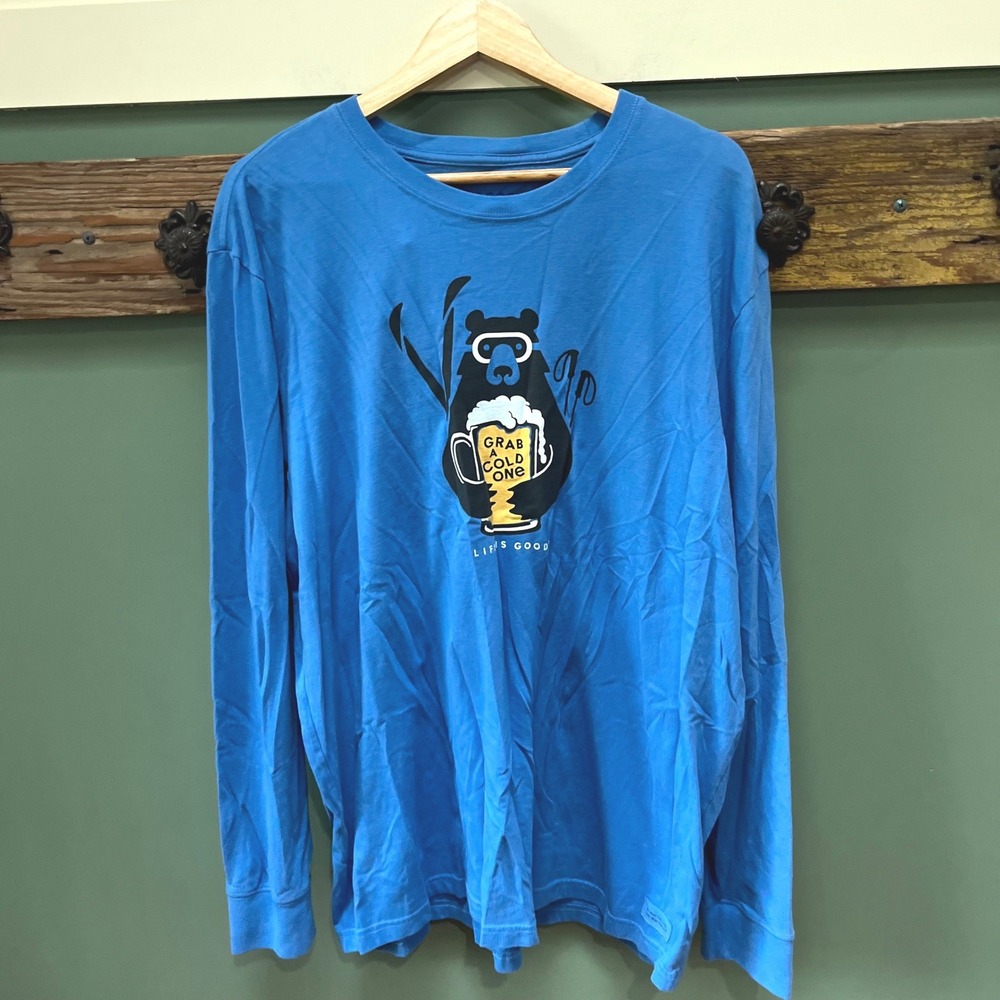 Life is Good Mens XL Crusher Tee Blue Long Sleeve Bear Beer Grab A Cold One Tee